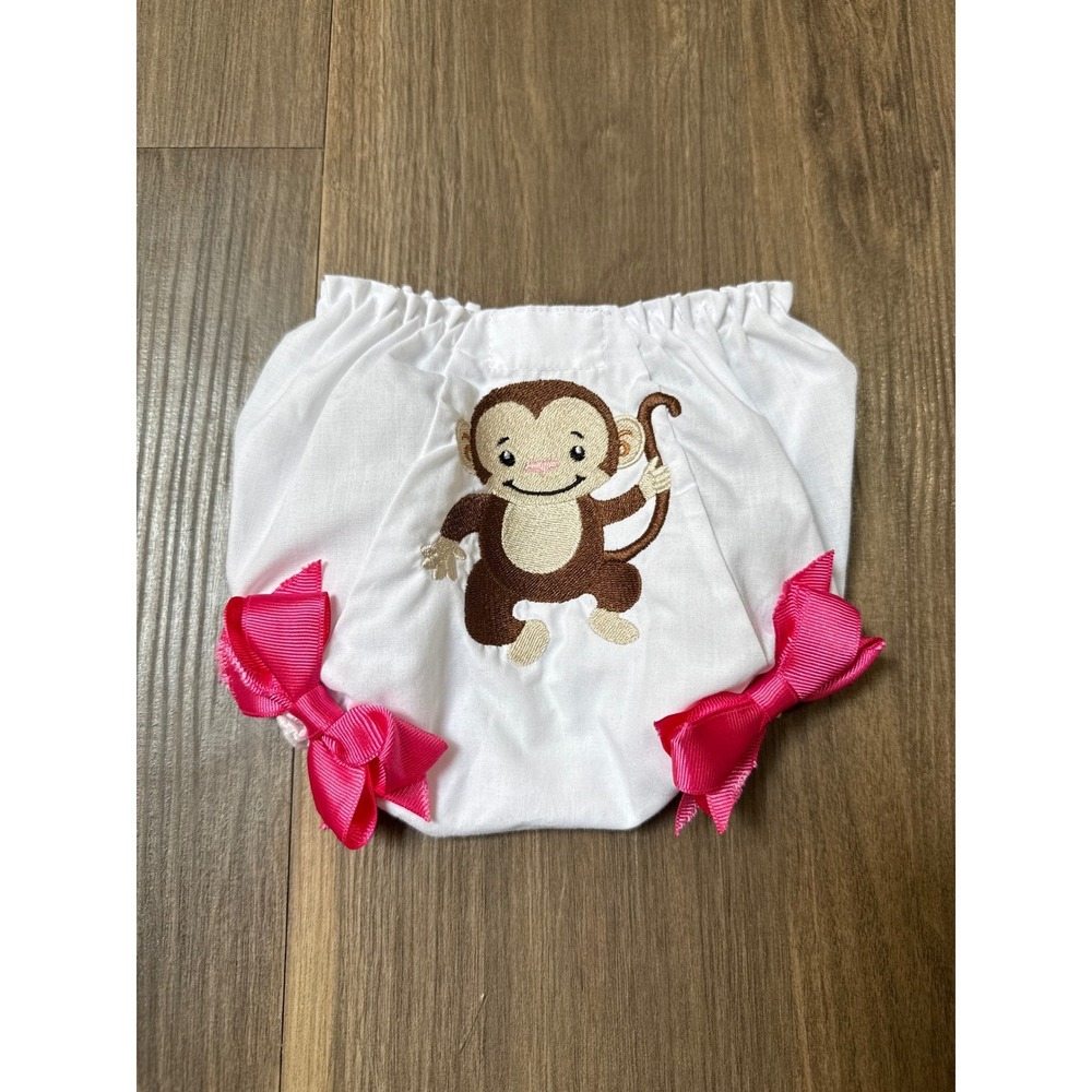 Embroidered Monkey Baby Girl Diaper Cover/Bloomers 0-6 Months Pink Bows